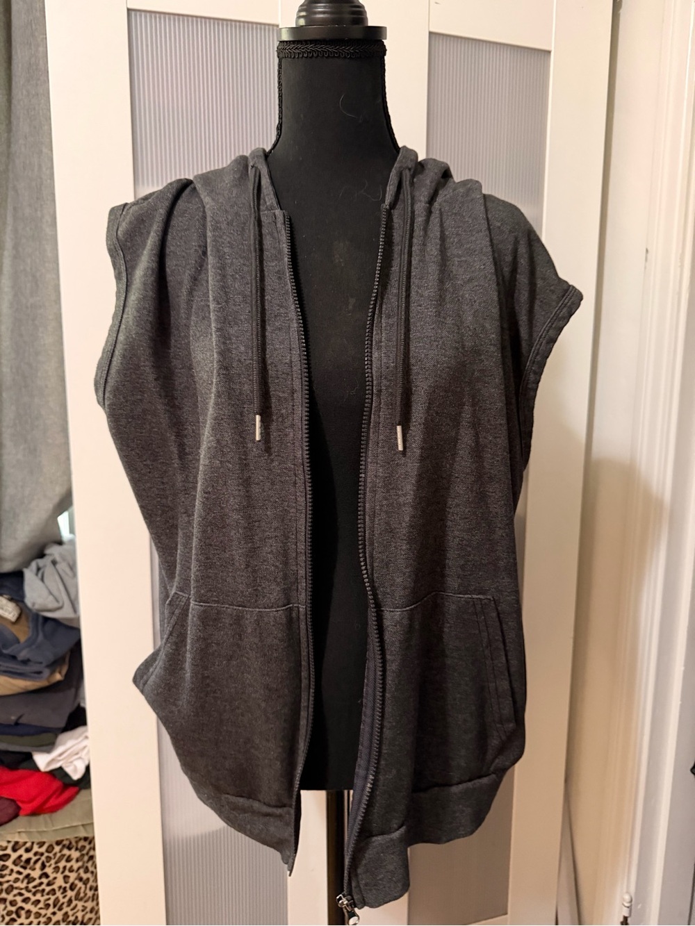 Sleeveless Hooded Zip Vest in Charcoal Gray